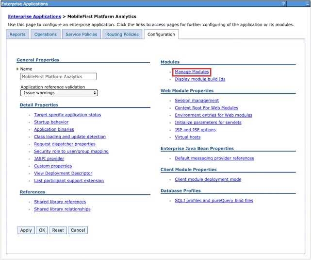 Managing modules in WebSphere