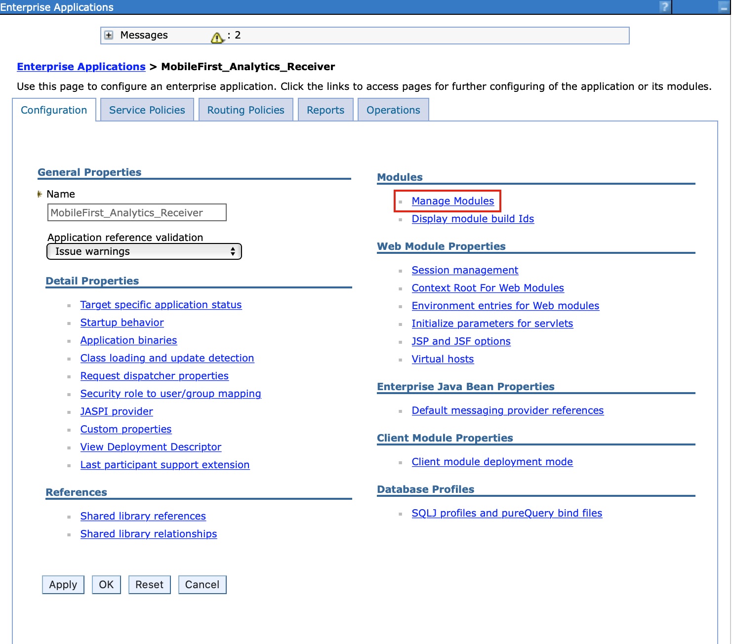 Managing modules in WebSphere