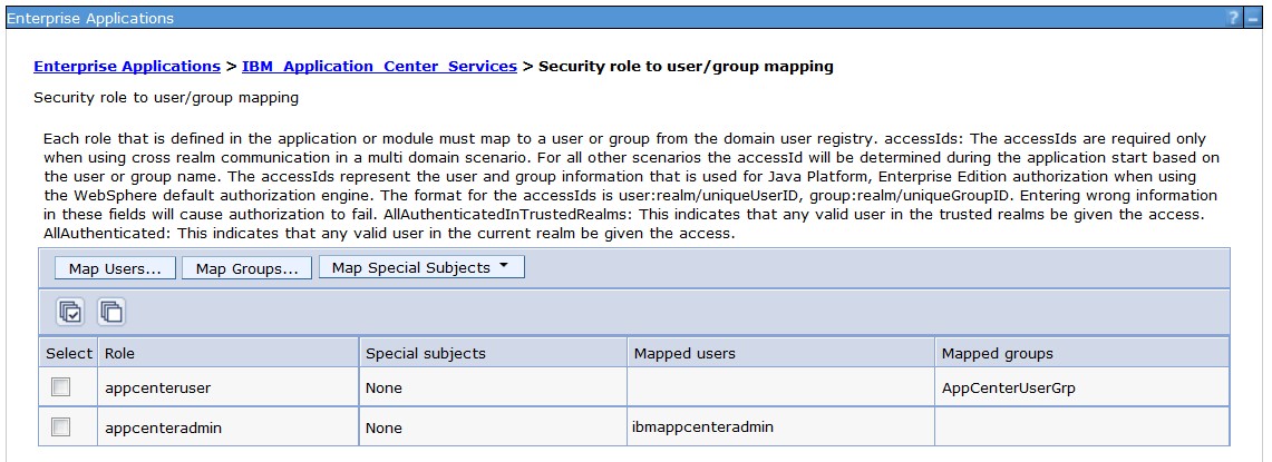 Mapping the application center roles to user groups