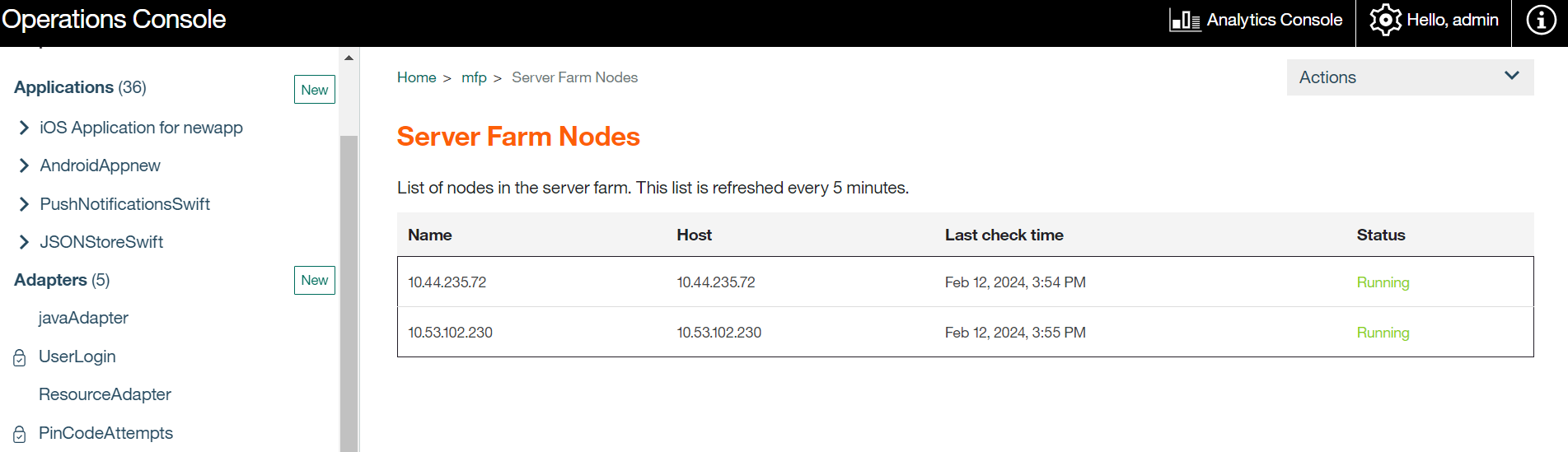 Status of Farm nodes in the PMF Operations Console