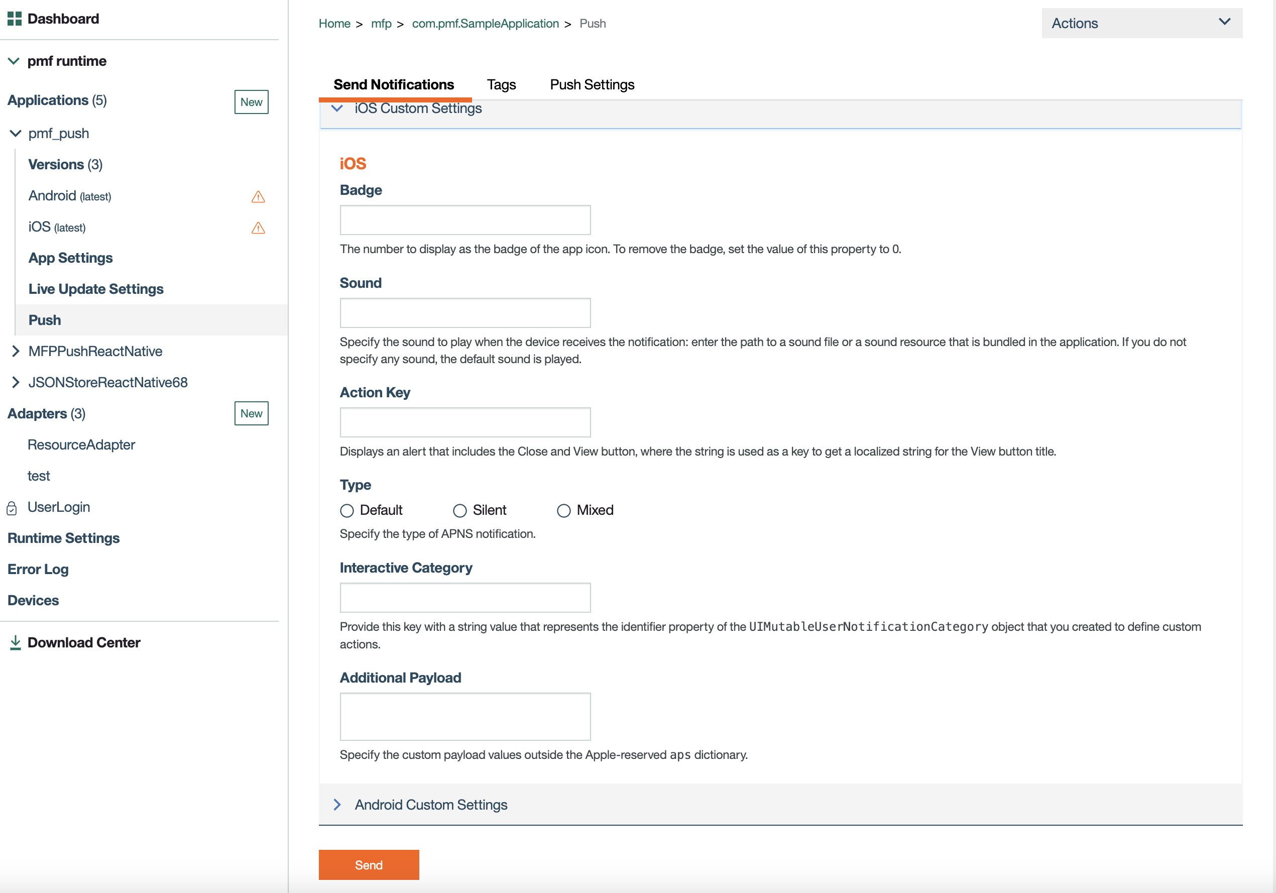 Setting categories for iOS interactive notifications in the PMF Operations Console