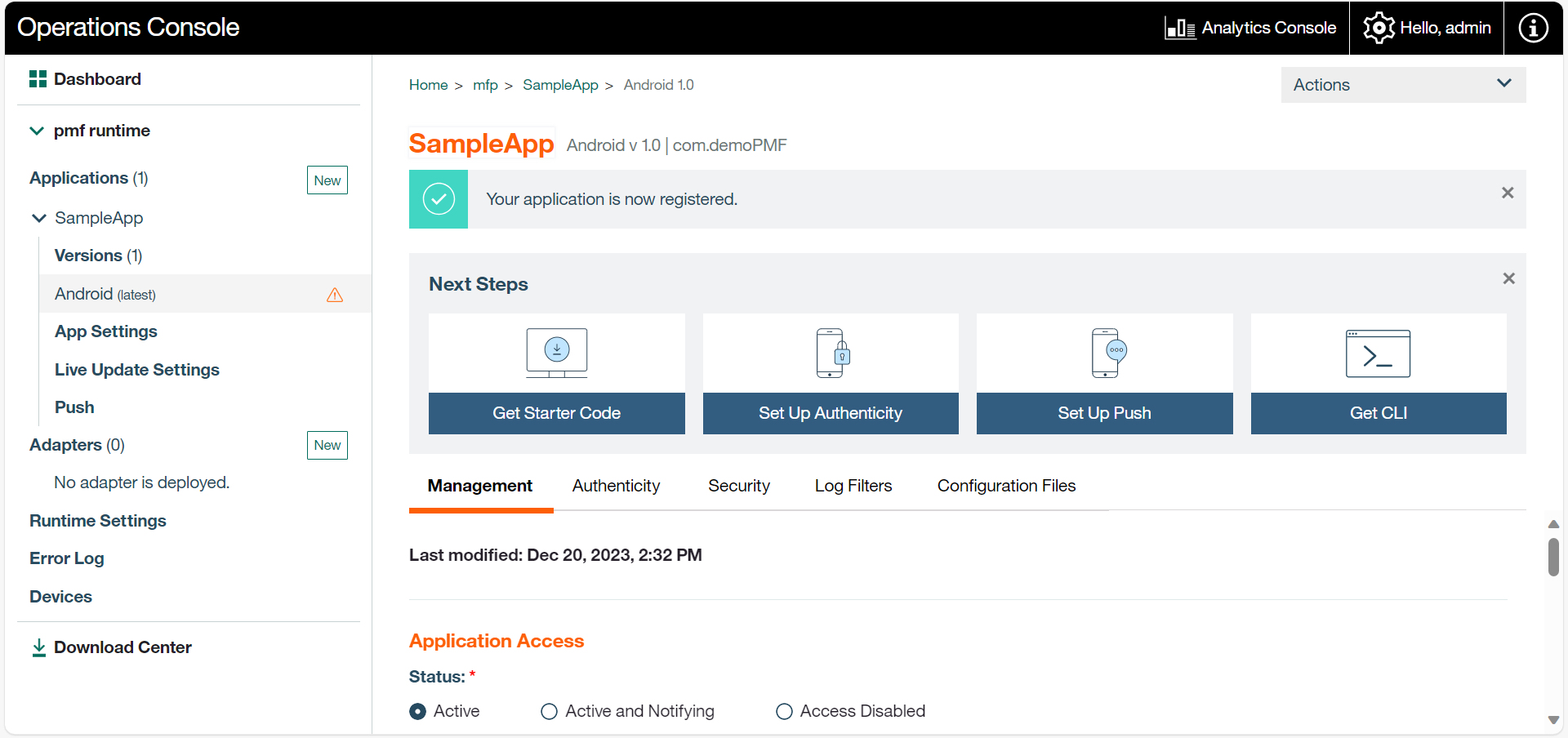 Image of application management screen