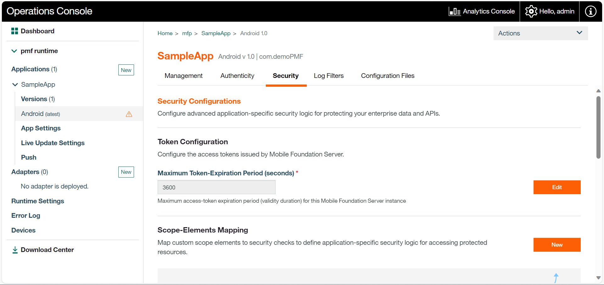 Image of application security configuration screen