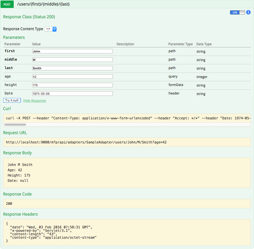 Adapter request using Swagger with the test token