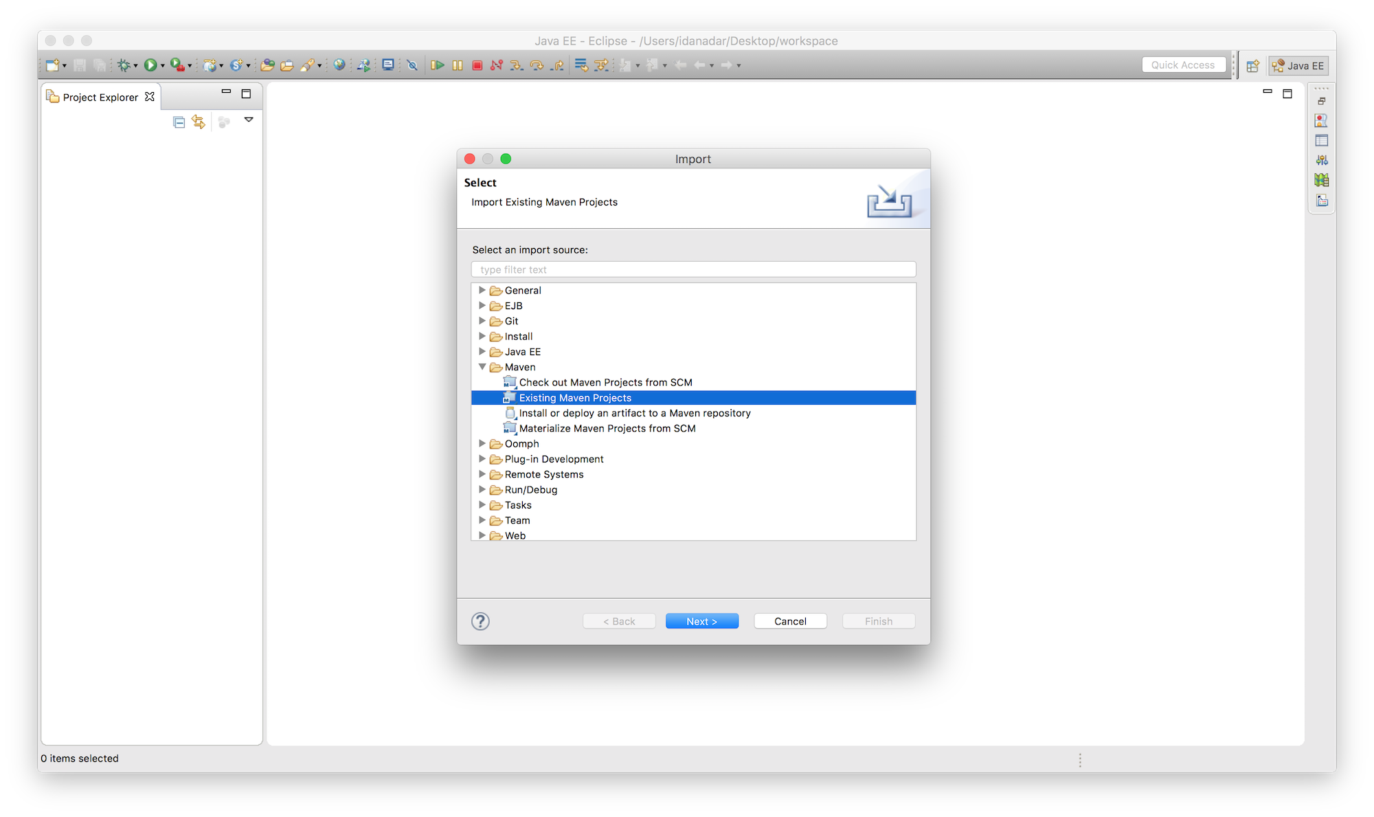 Image showing how to import an adapter Maven project to Eclipse