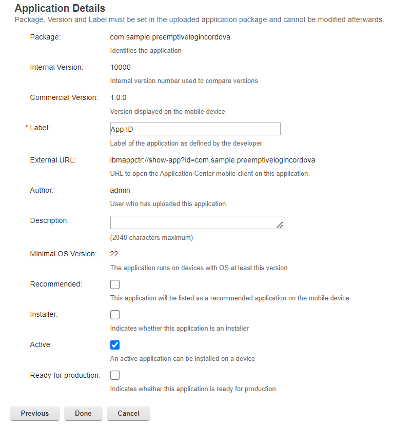 Modified application description in application properties