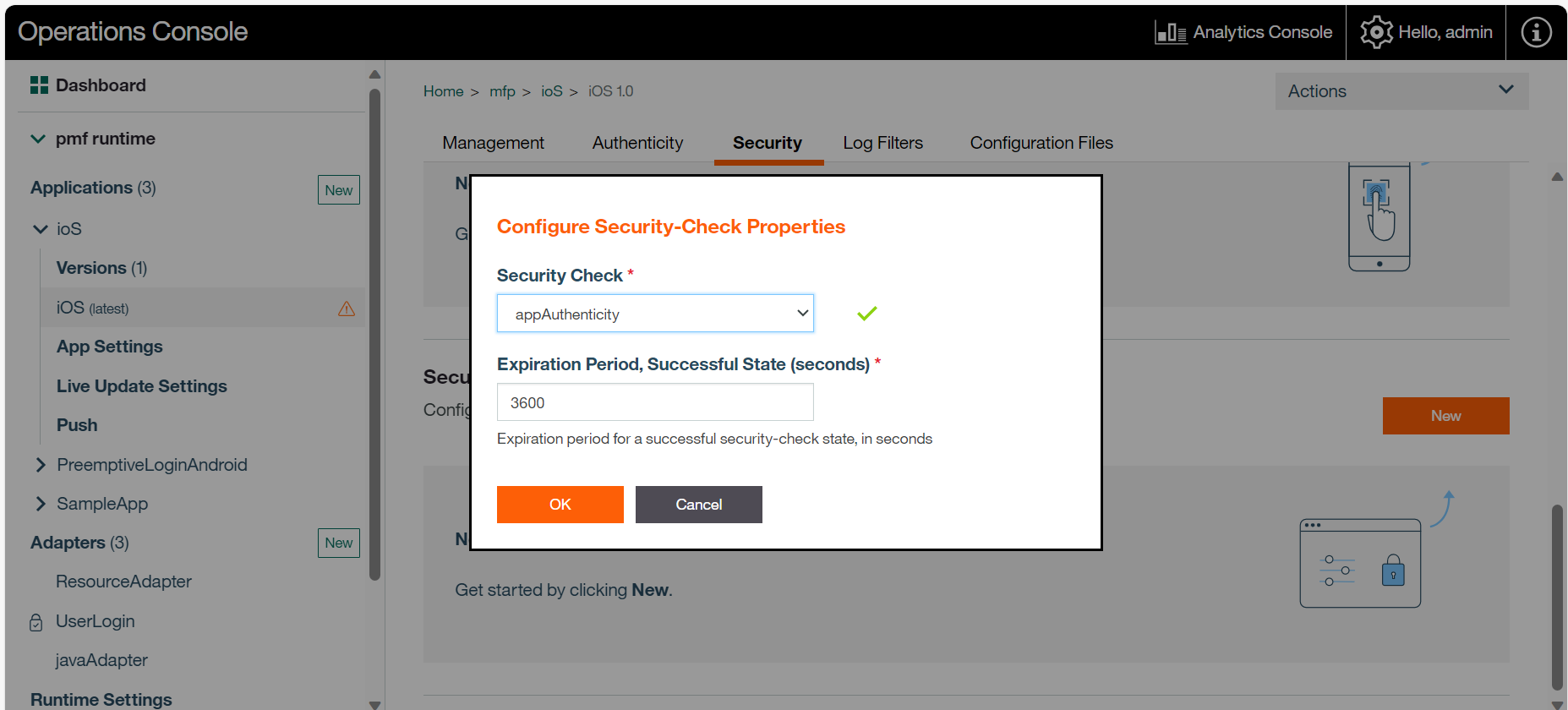 Configuring the expirationSec property in the console