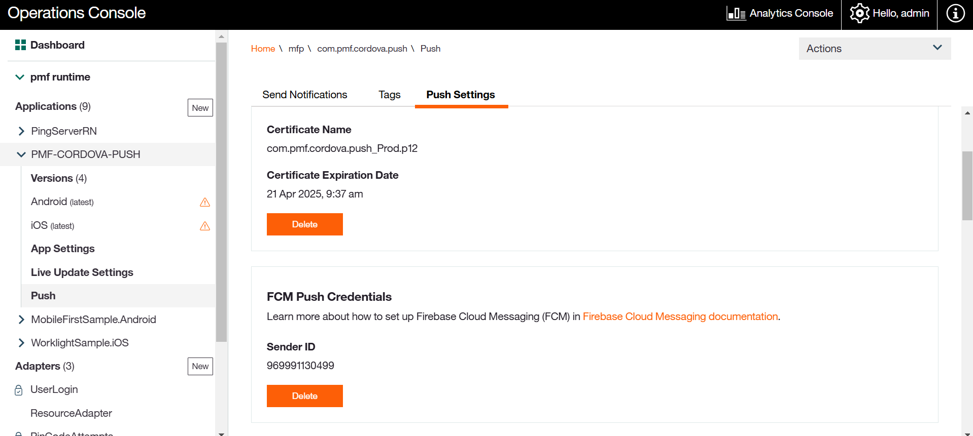 Image of adding the GCM credentials