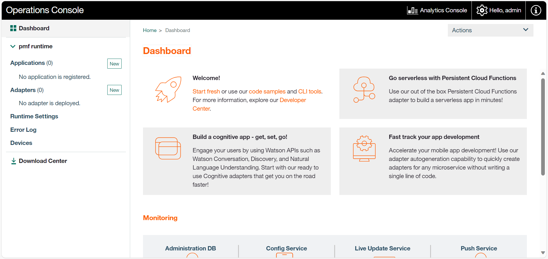 Image of the console dashboard